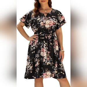 Celkuser Women's Plus Size Black Floral Midi Dress, Belted/Tie-Waist